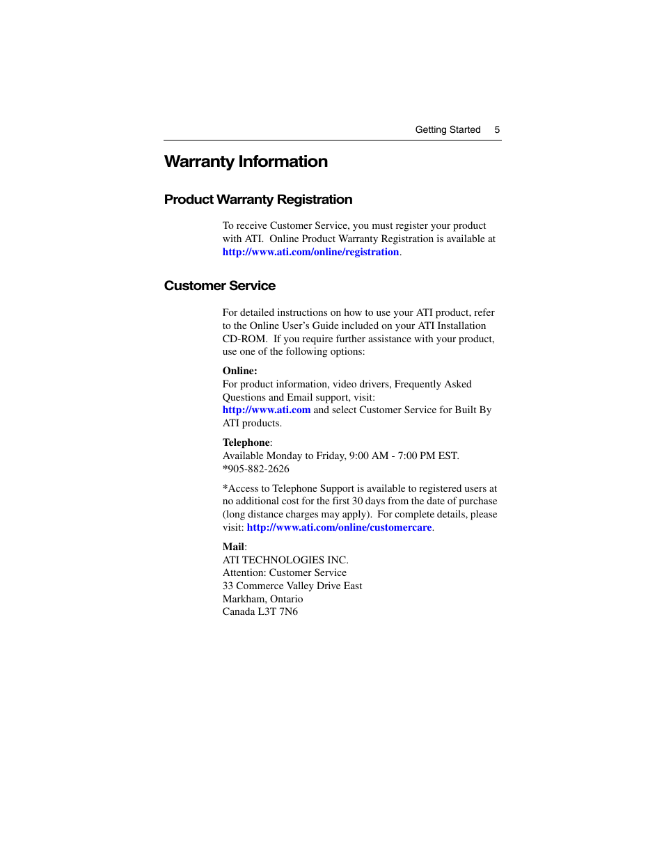 Warranty information, Product warranty registration, Customer service | Product warranty registration customer service | ATI Technologies ALL-IN-WONDER 9700 User Manual | Page 11 / 64