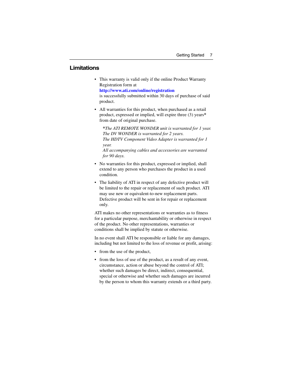 Limitations | ATI Technologies ALL-IN-WONDER 9700 User Manual | Page 13 / 64
