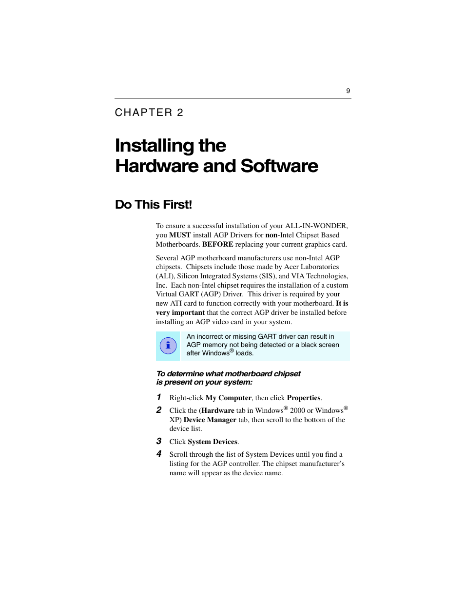 Installing the hardware and software, Do this first | ATI Technologies ALL-IN-WONDER 9700 User Manual | Page 15 / 64