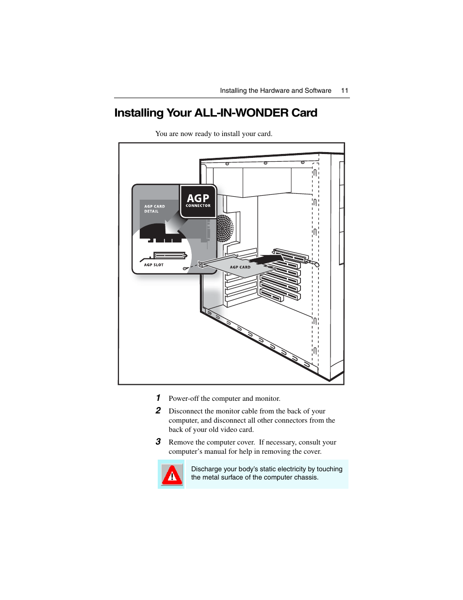 Installing your all-in-wonder card | ATI Technologies ALL-IN-WONDER 9700 User Manual | Page 17 / 64