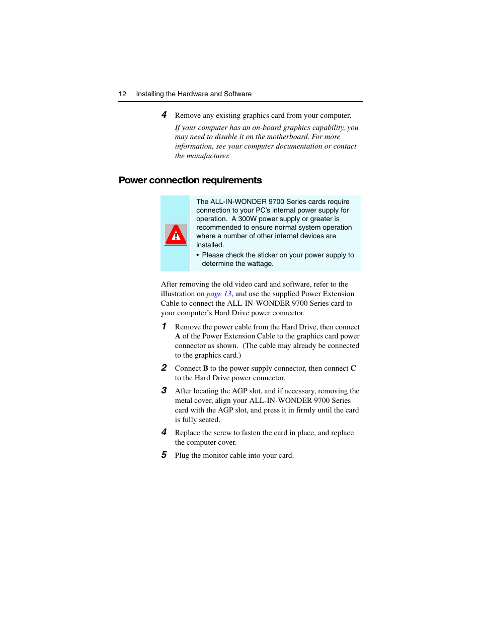 Power connection requirements | ATI Technologies ALL-IN-WONDER 9700 User Manual | Page 18 / 64