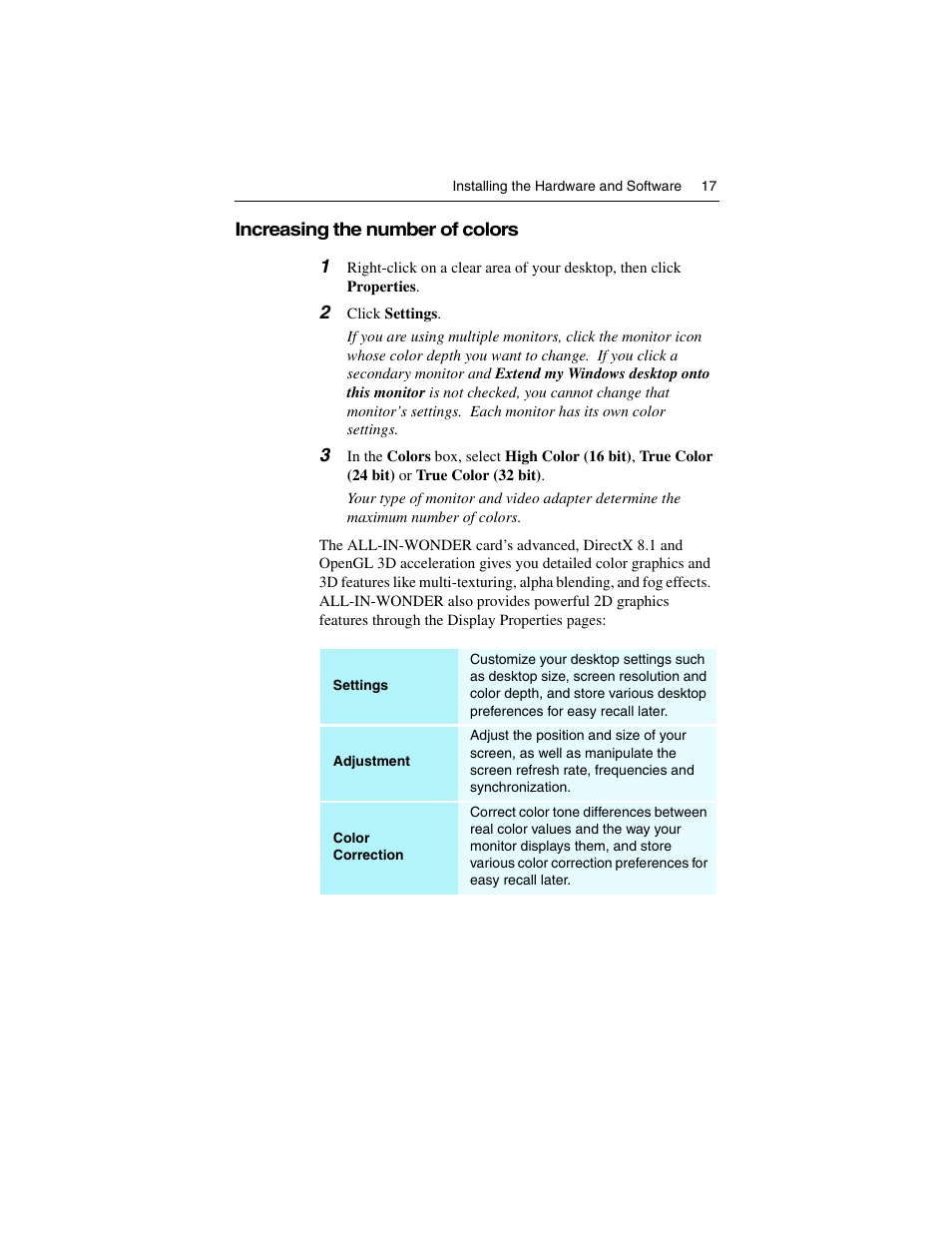 Increasing the number of colors | ATI Technologies ALL-IN-WONDER 9700 User Manual | Page 23 / 64
