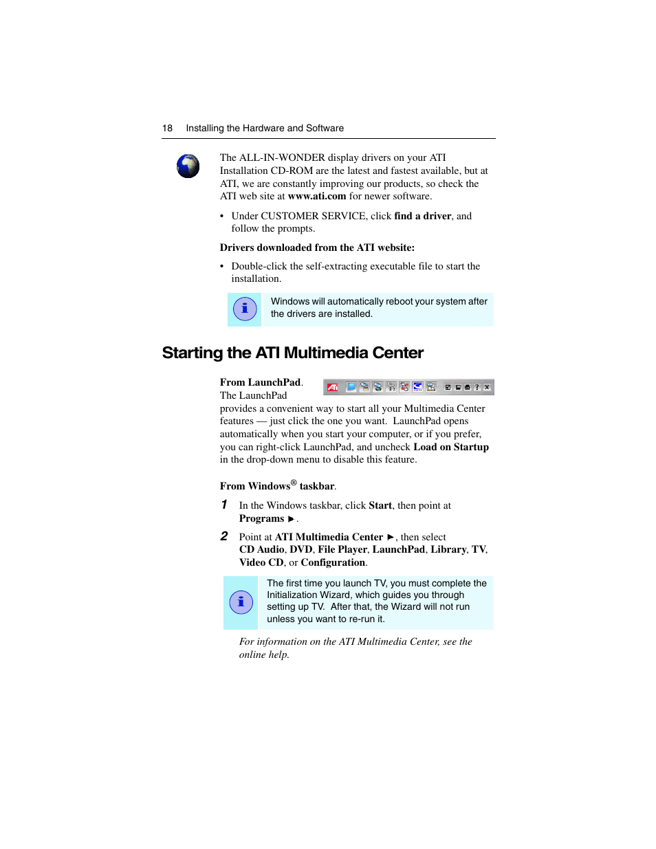 Starting the ati multimedia center | ATI Technologies ALL-IN-WONDER 9700 User Manual | Page 24 / 64