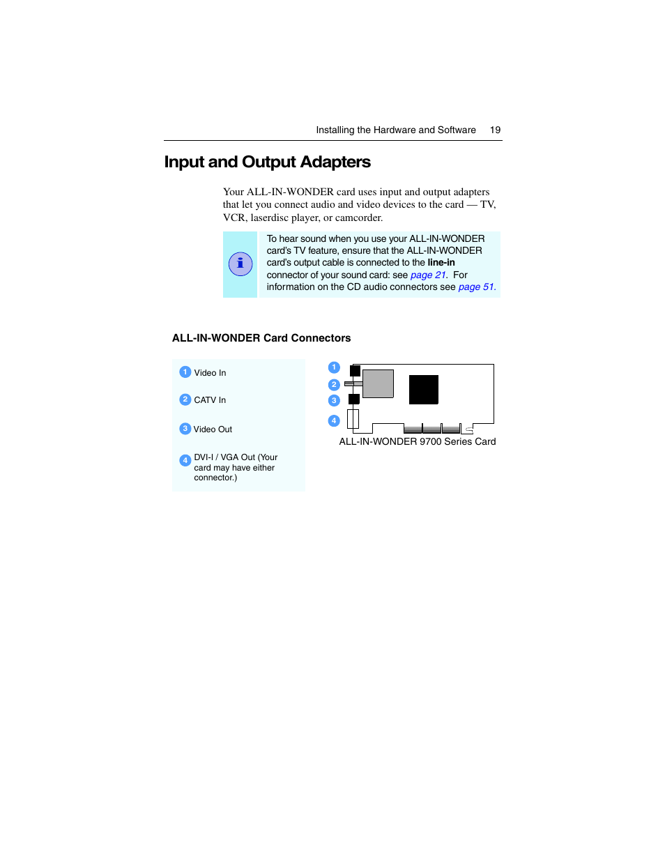 Input and output adapters | ATI Technologies ALL-IN-WONDER 9700 User Manual | Page 25 / 64