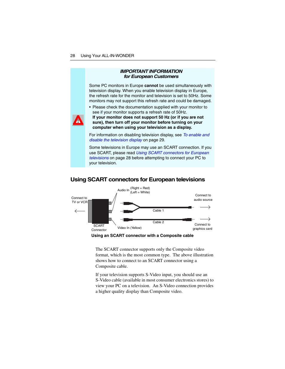 Using scart connectors for european televisions | ATI Technologies ALL-IN-WONDER 9700 User Manual | Page 34 / 64