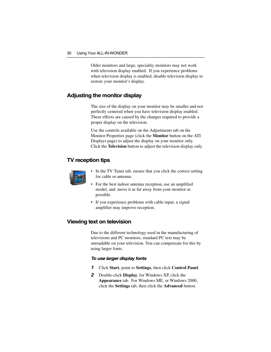 Adjusting the monitor display, Tv reception tips, Viewing text on television | ATI Technologies ALL-IN-WONDER 9700 User Manual | Page 36 / 64
