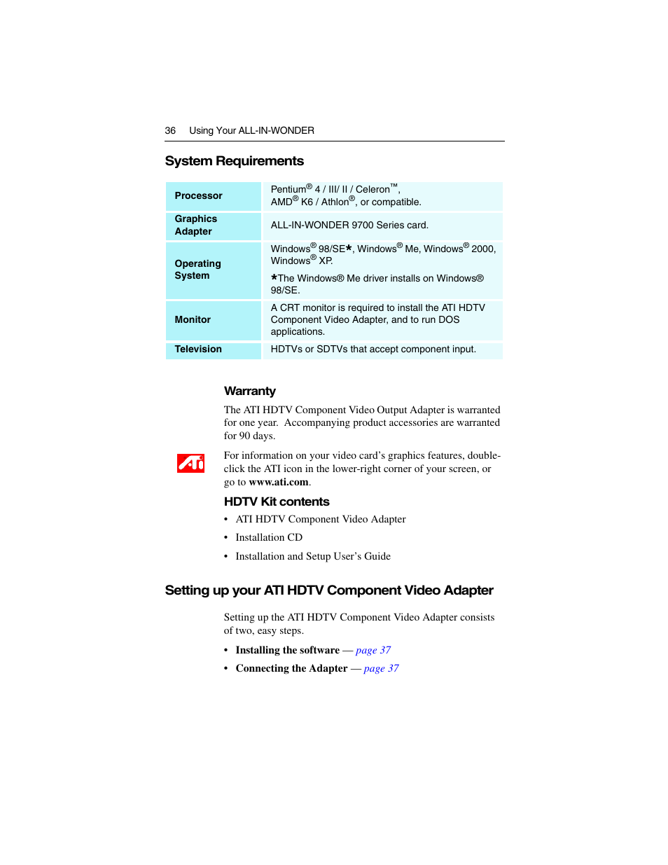System requirements, Setting up your ati hdtv component video adapter | ATI Technologies ALL-IN-WONDER 9700 User Manual | Page 42 / 64
