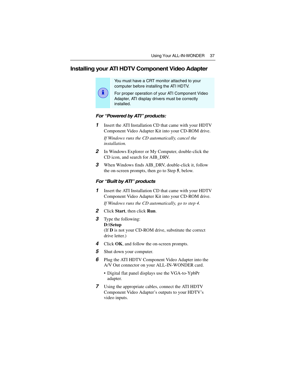 Installing your ati hdtv component video adapter | ATI Technologies ALL-IN-WONDER 9700 User Manual | Page 43 / 64