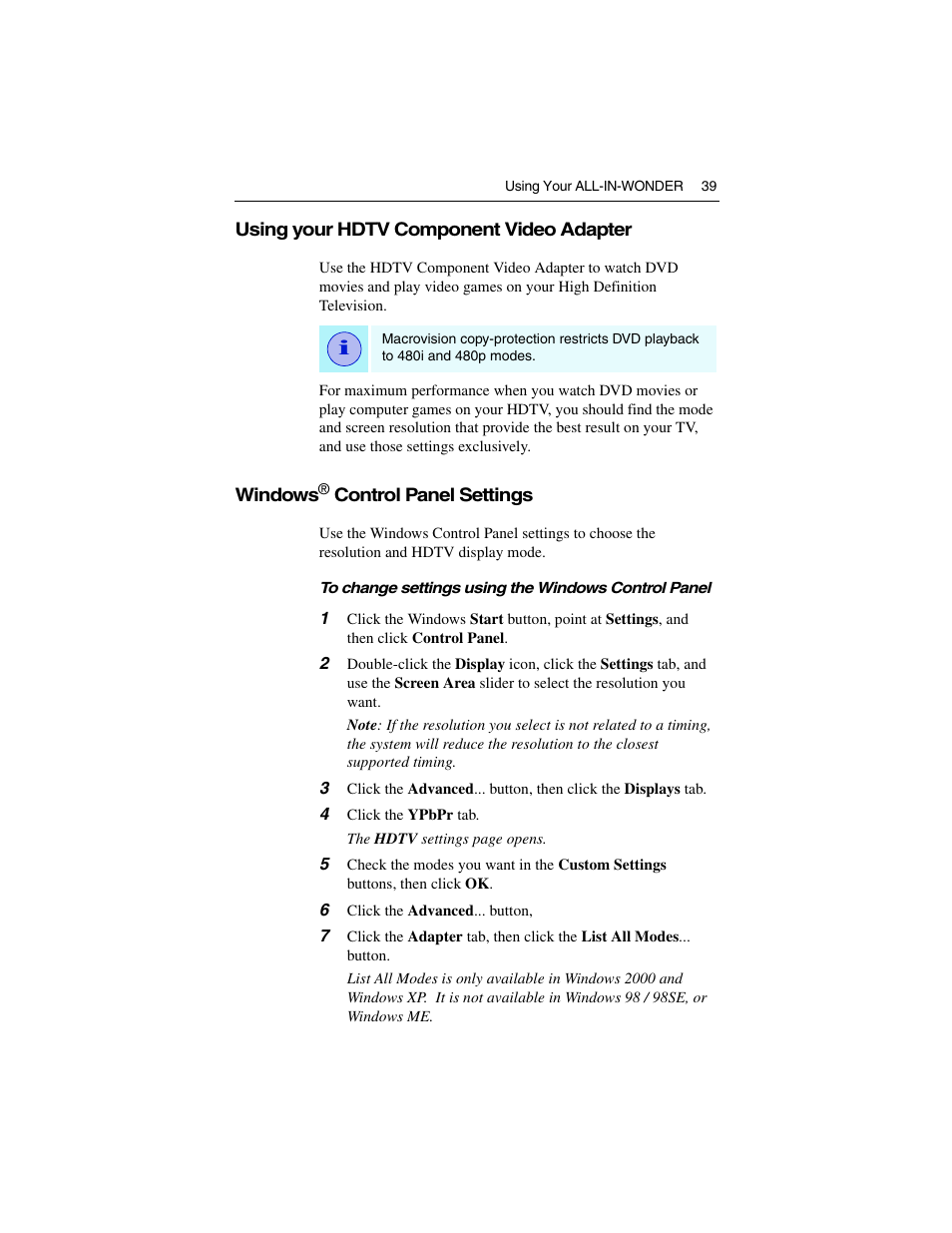 Using your hdtv component video adapter, Windows® control panel settings | ATI Technologies ALL-IN-WONDER 9700 User Manual | Page 45 / 64