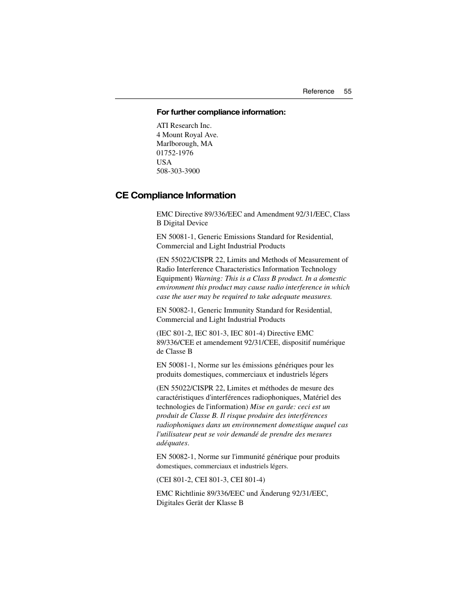Ce compliance information | ATI Technologies ALL-IN-WONDER 9700 User Manual | Page 61 / 64