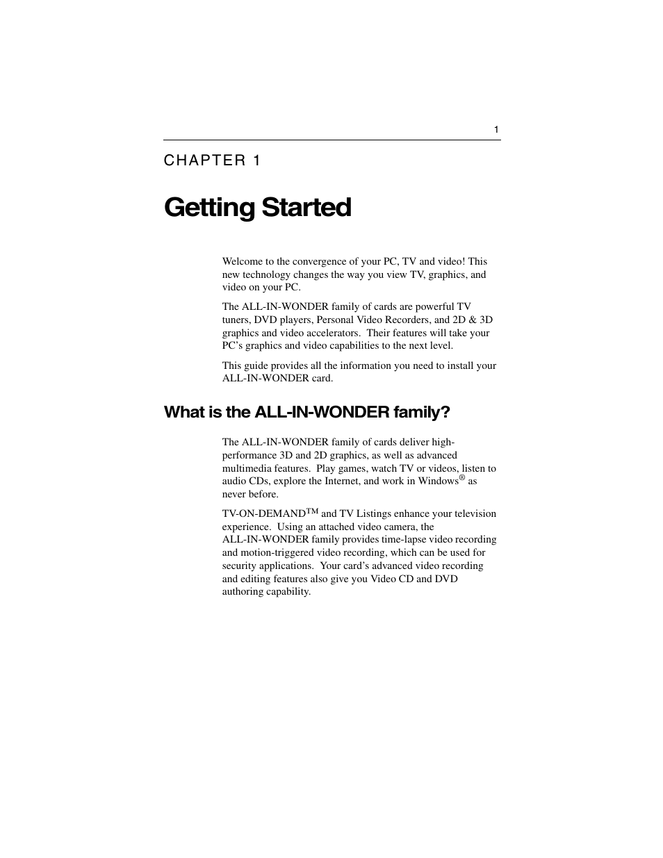 Getting started, What is the all-in-wonder family | ATI Technologies ALL-IN-WONDER 9700 User Manual | Page 7 / 64