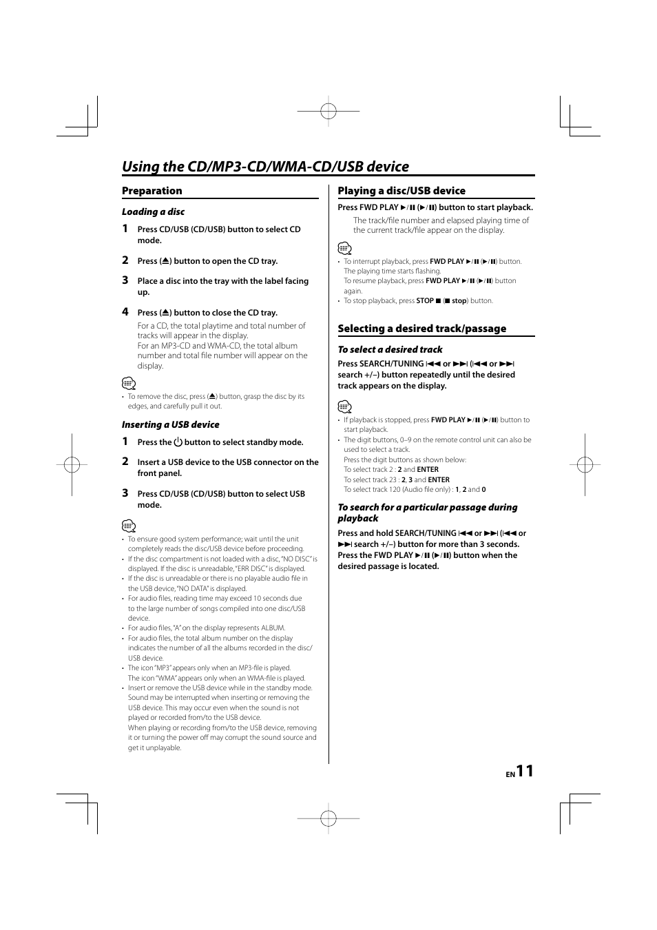 Using the cd/mp3-cd/wma-cd/usb device | Kenwood M-505USB-S User Manual | Page 11 / 24