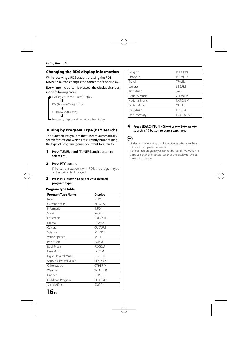 Changing the rds display information, Tuning by program type (pty search) | Kenwood M-505USB-S User Manual | Page 16 / 24