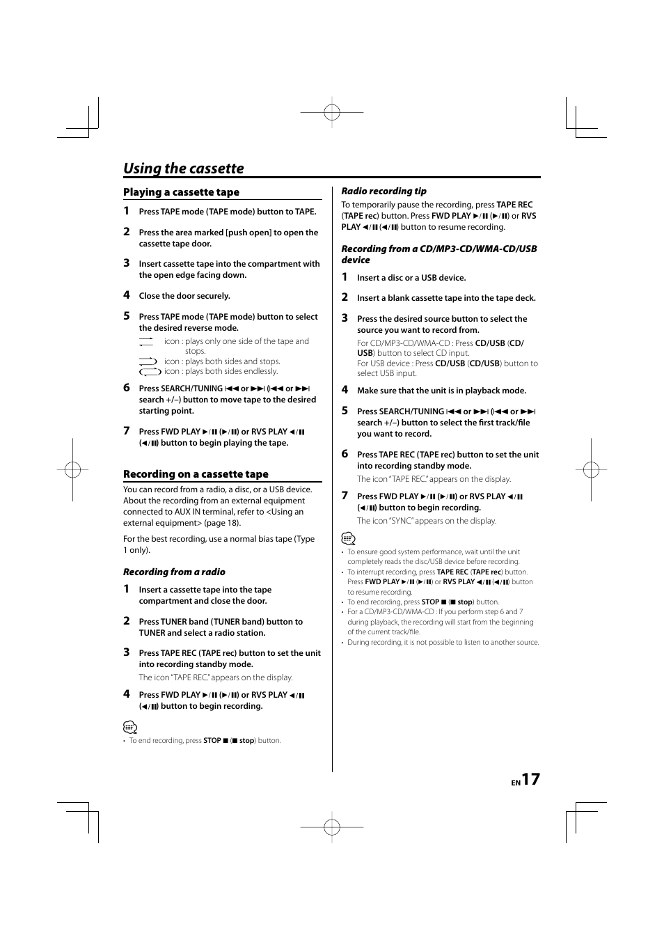 Using the cassette | Kenwood M-505USB-S User Manual | Page 17 / 24