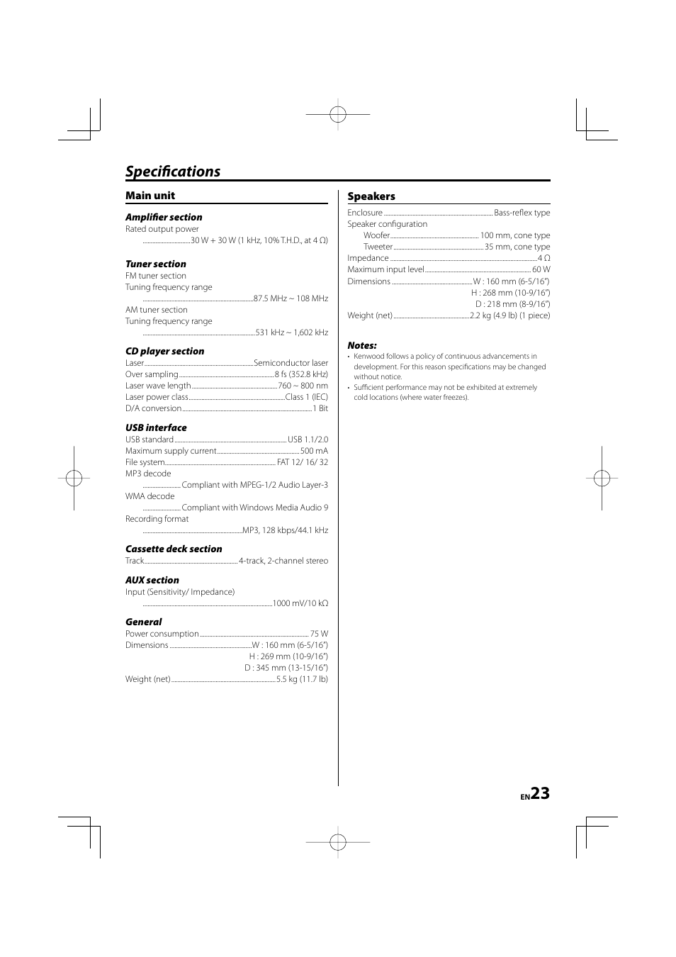 Specifi cations, Main unit, Speakers | Kenwood M-505USB-S User Manual | Page 23 / 24