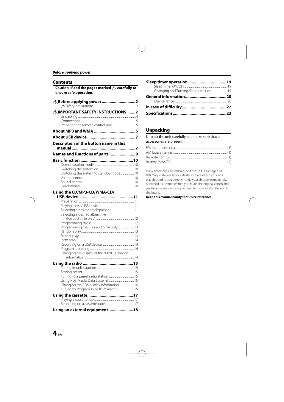 Kenwood M-505USB-S User Manual | Page 4 / 24