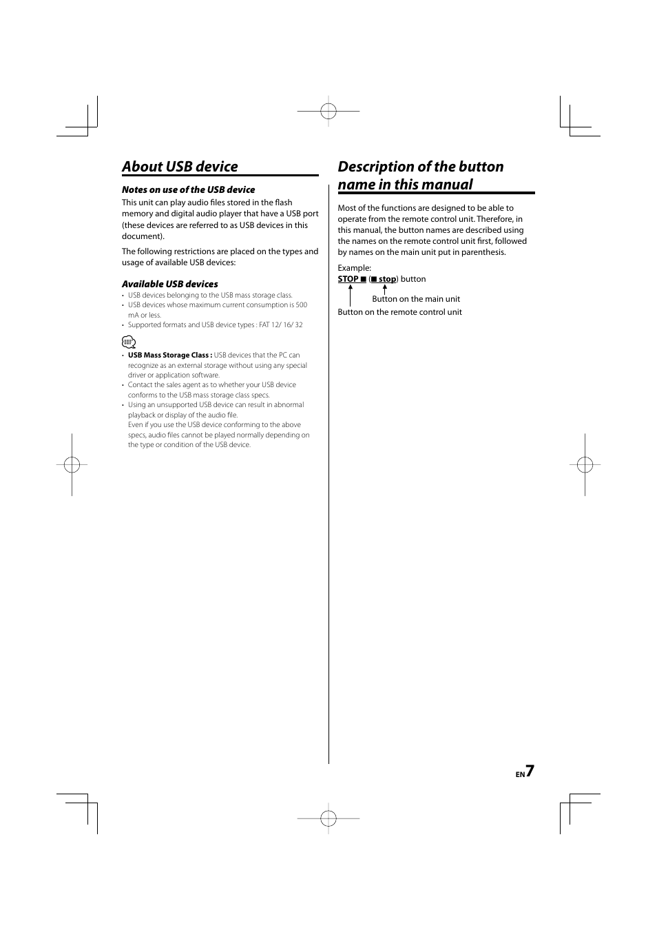 About usb device, Description of the button name in this manual | Kenwood M-505USB-S User Manual | Page 7 / 24