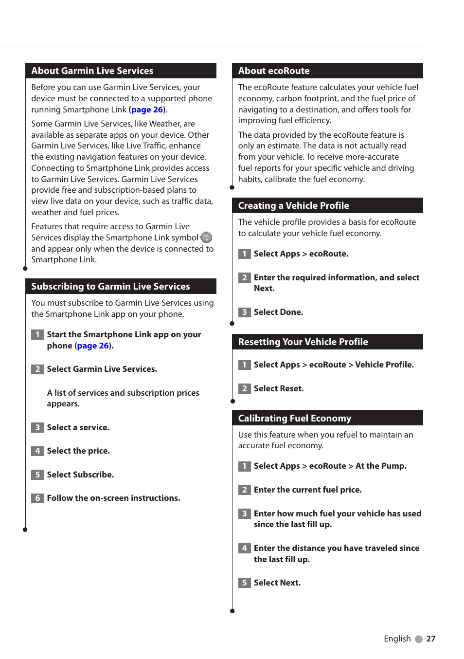 About garmin live services, Subscribing to garmin live services, About ecoroute | Creating a vehicle profile, Resetting your vehicle profile, Calibrating fuel economy | Kenwood DNX5250BT User Manual | Page 27 / 40