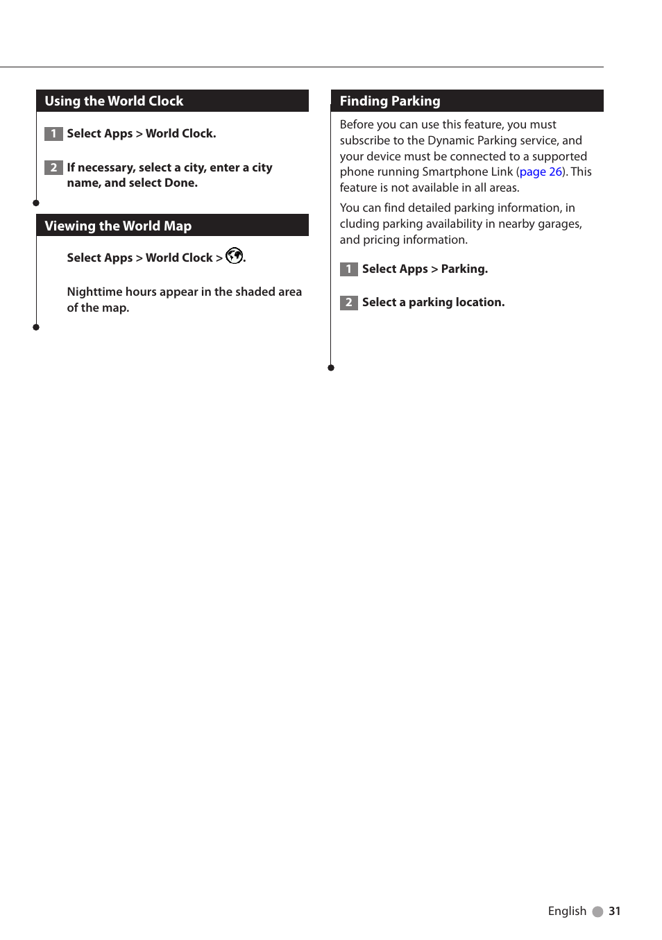 Using the world clock, Viewing the world map, Finding parking | Kenwood DNX5250BT User Manual | Page 31 / 40