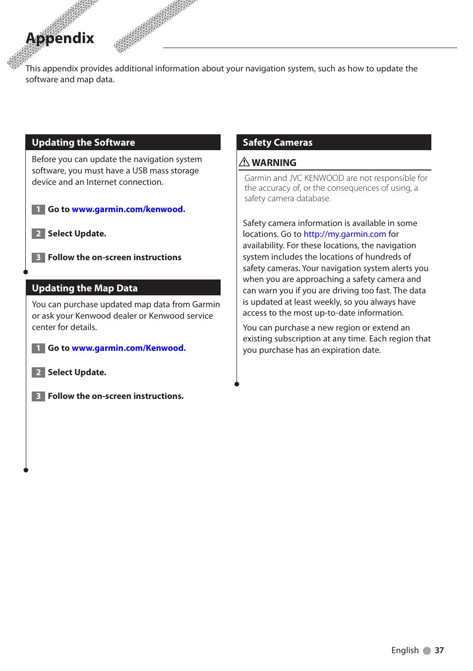 Appendix, Updating the software, Updating the map data | Safety cameras | Kenwood DNX5250BT User Manual | Page 37 / 40