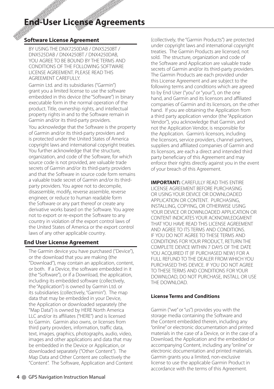 End-user license agreements | Kenwood DNX5250BT User Manual | Page 4 / 40