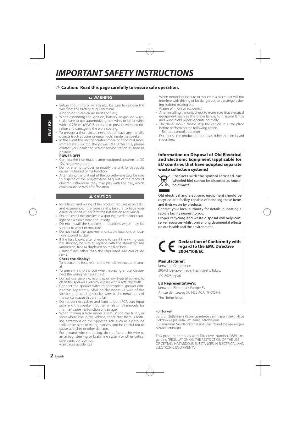 Important safety instructions | Kenwood KSC-SW01 User Manual | Page 2 / 7