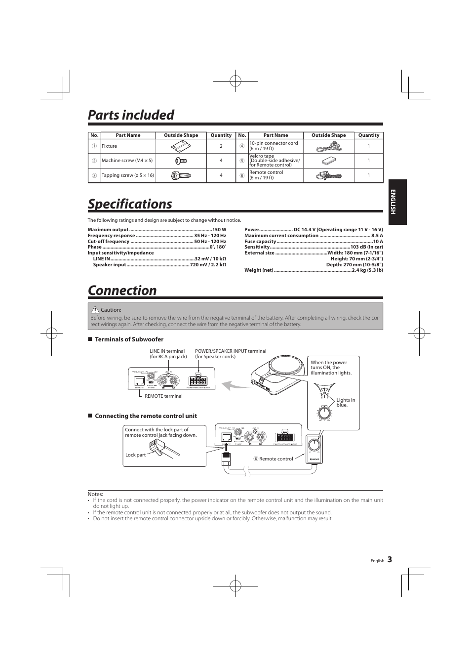 Parts included, Specifications, Connection | Kenwood KSC-SW01 User Manual | Page 3 / 7