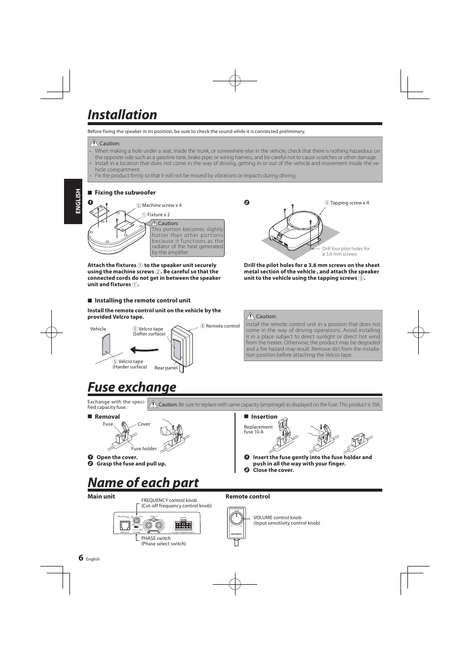 Installation, Fuse exchange, Name of each part | Kenwood KSC-SW01 User Manual | Page 6 / 7