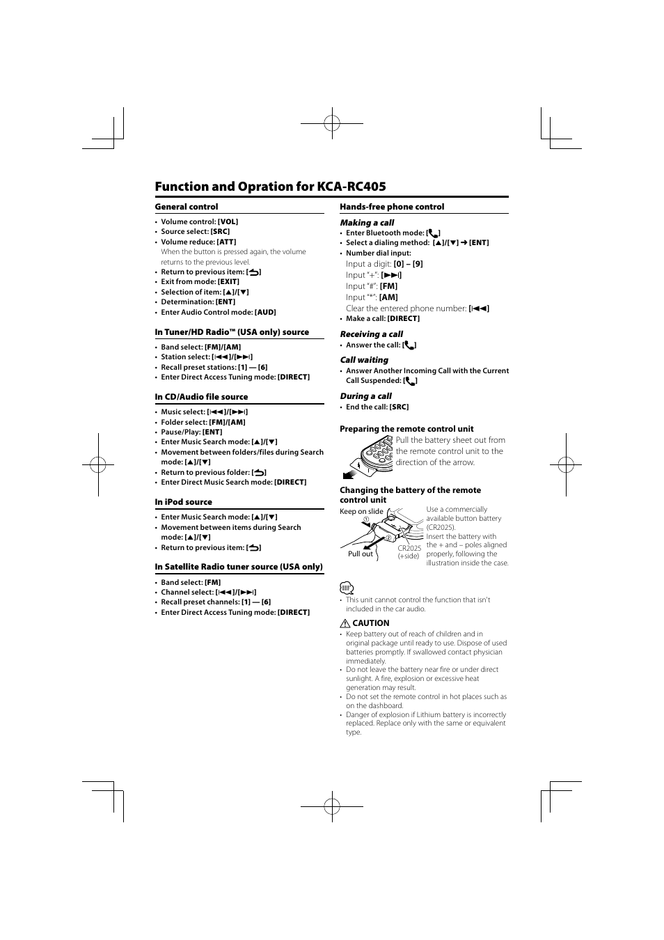 Function and opration for kca-rc405 | Kenwood KCA-RC405 User Manual | Page 2 / 3