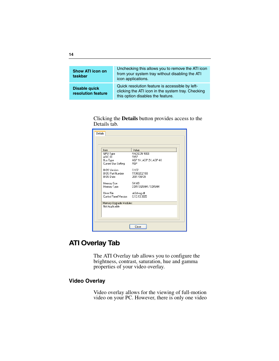 Ati overlay tab, Video overlay | ATI Technologies RADEON 9000 PRO User Manual | Page 18 / 35