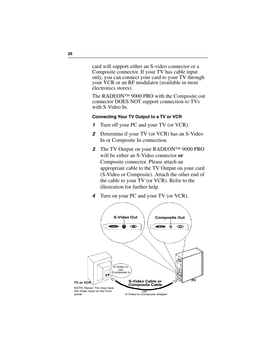 Turn off your pc and your tv (or vcr), Turn on your pc and your tv (or vcr) | ATI Technologies RADEON 9000 PRO User Manual | Page 30 / 35