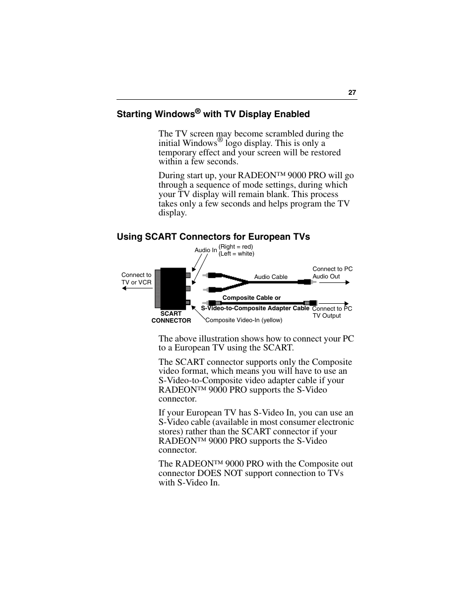 Starting windows, Using scart connectors for european tvs, Using scart connectors for | ATI Technologies RADEON 9000 PRO User Manual | Page 31 / 35