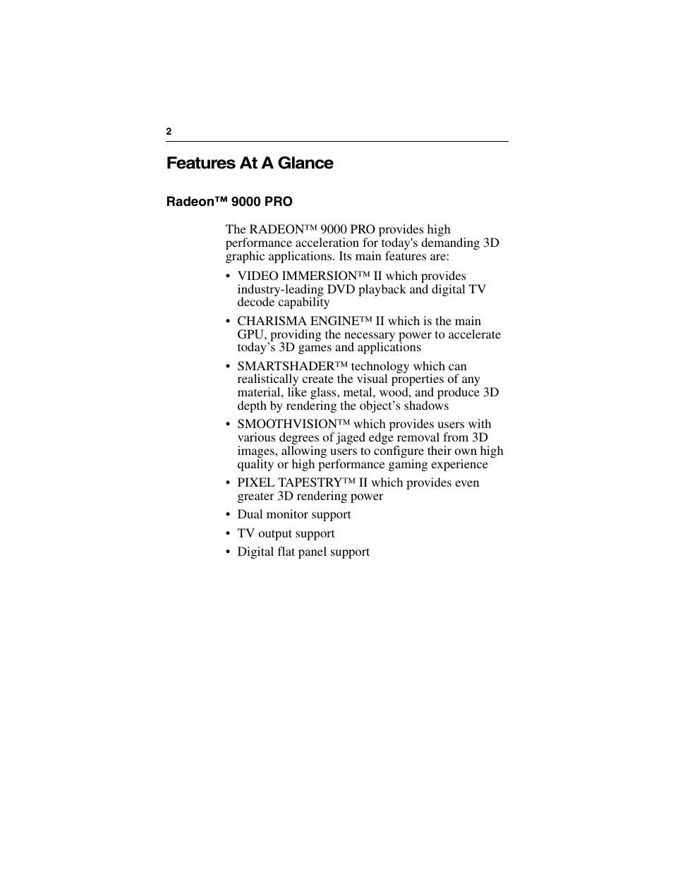 Features at a glance, Radeon™ 9000 pro | ATI Technologies RADEON 9000 PRO User Manual | Page 6 / 35