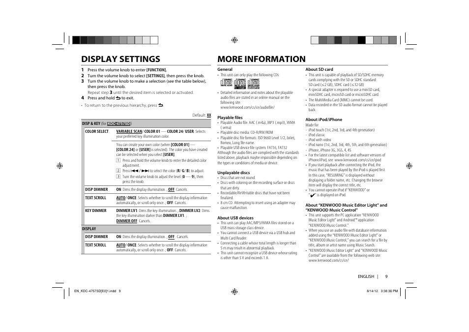 Display settings, More information | Kenwood KDC-3657SD User Manual | Page 11 / 15