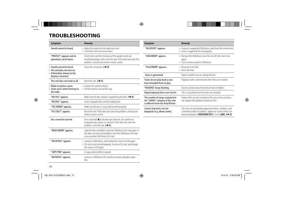 Troubleshooting | Kenwood KDC-3657SD User Manual | Page 12 / 15