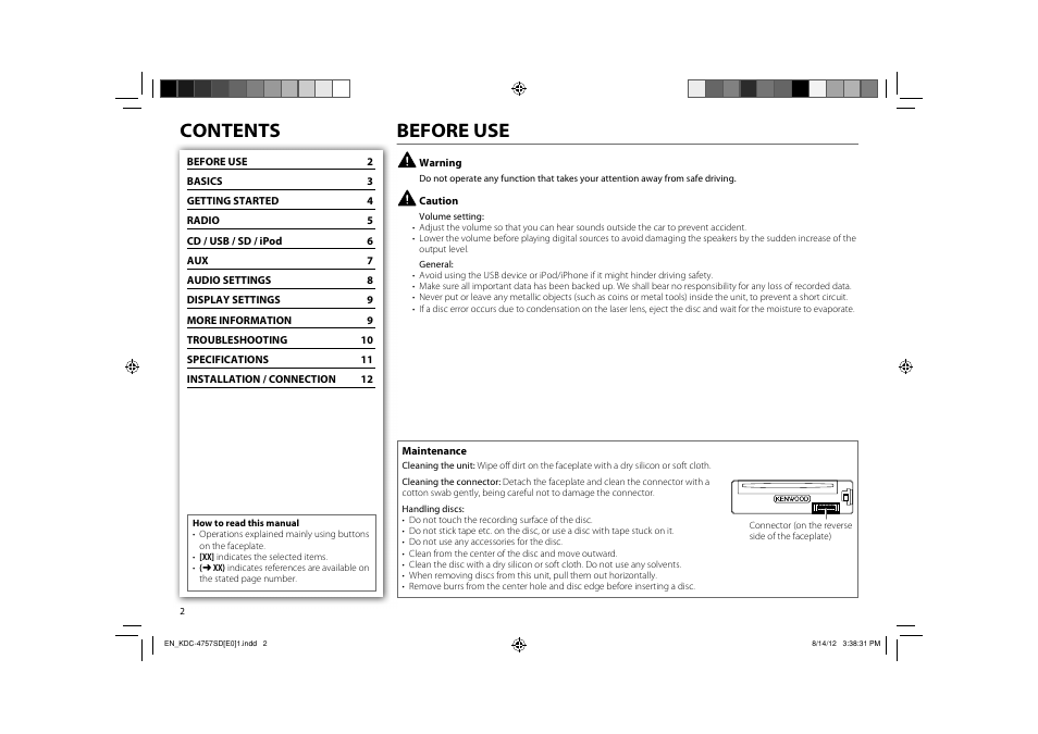 Contents before use | Kenwood KDC-3657SD User Manual | Page 4 / 15