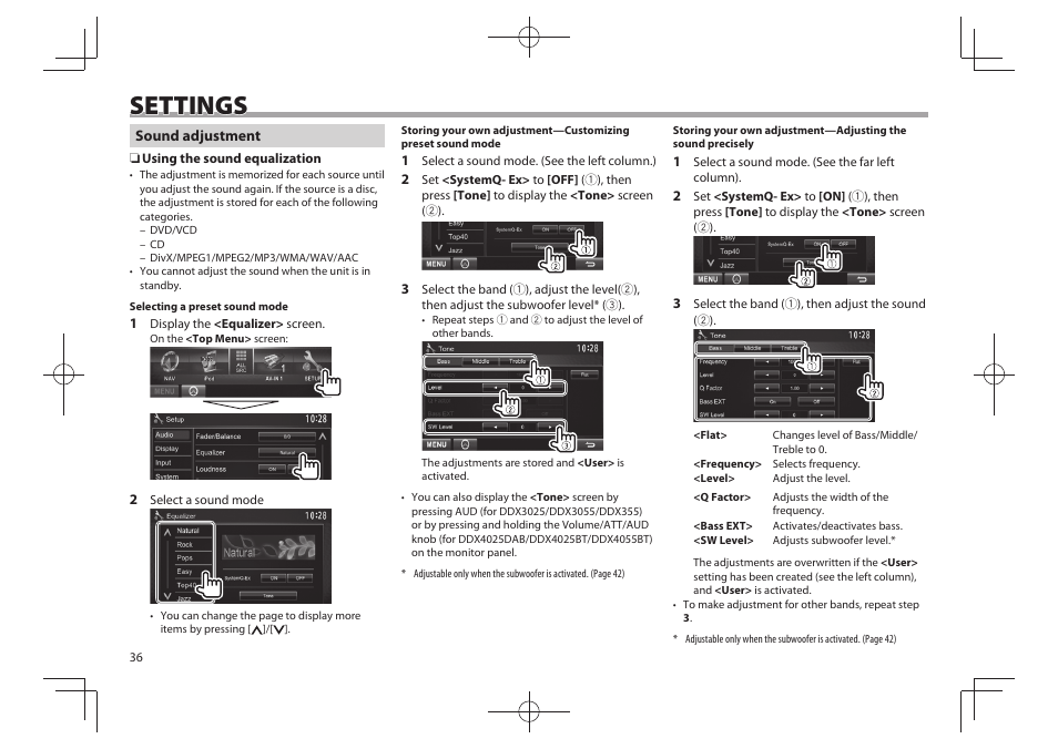 Settings | Kenwood DDX4025BT User Manual | Page 36 / 64