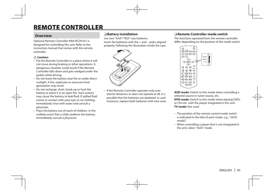 Remote controller | Kenwood DDX4025BT User Manual | Page 45 / 64