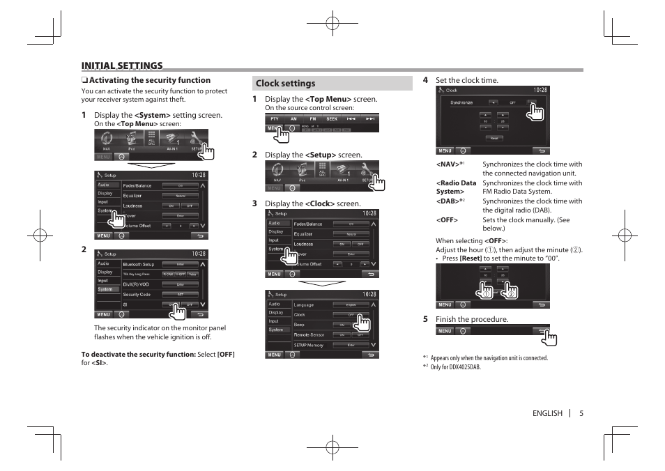 Initial settings | Kenwood DDX4025BT User Manual | Page 5 / 64