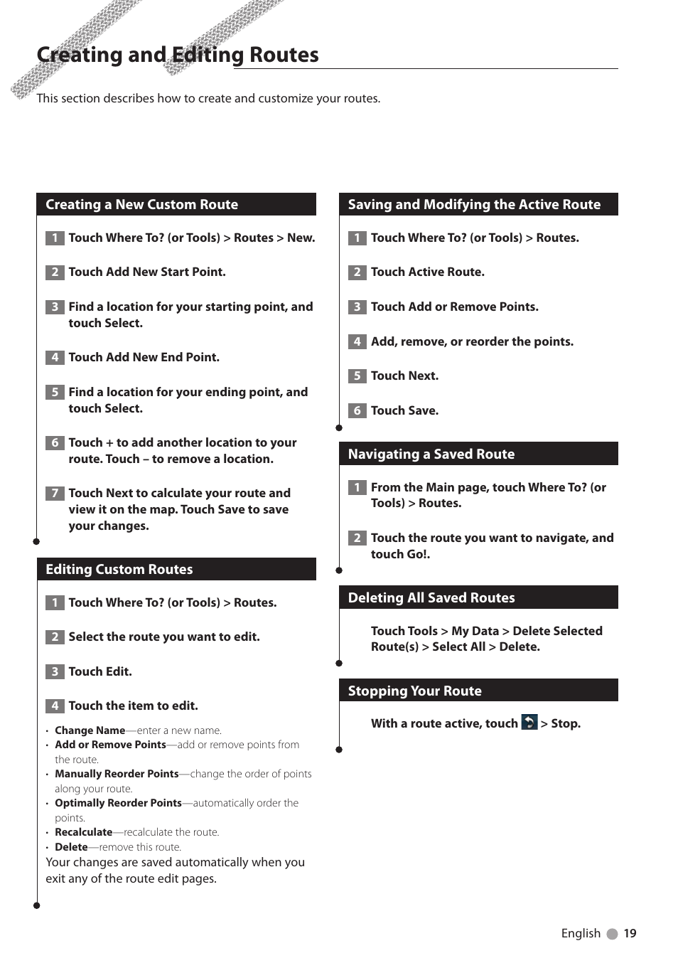 Creating and editing routes | Kenwood DNX5210BT User Manual | Page 19 / 28