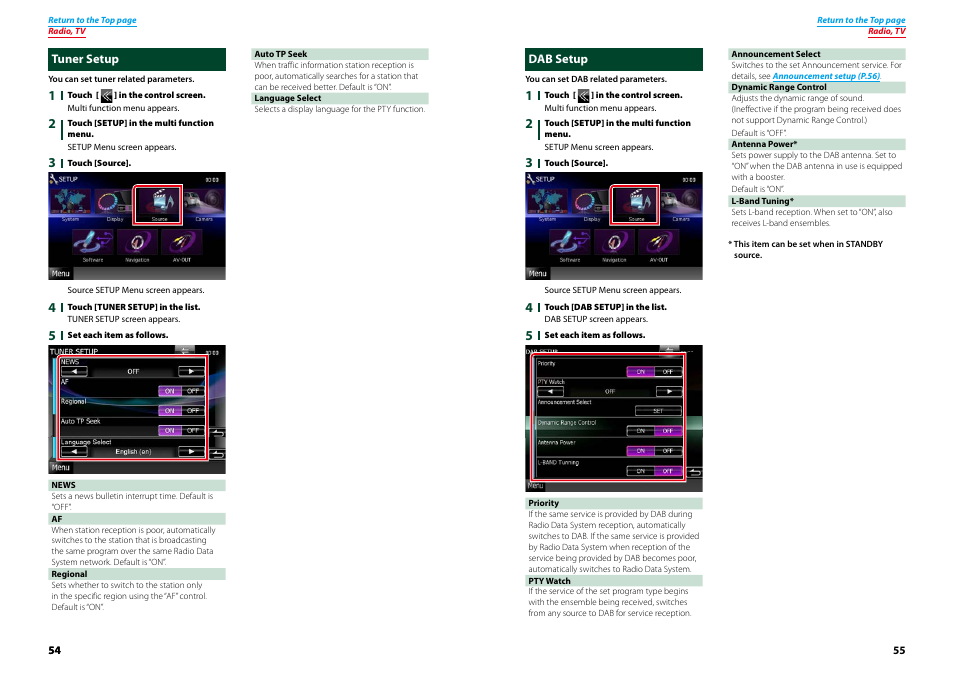 Tuner setup, Dab setup, Tuner setup dab setup | Kenwood DNX521VBT User Manual | Page 28 / 56