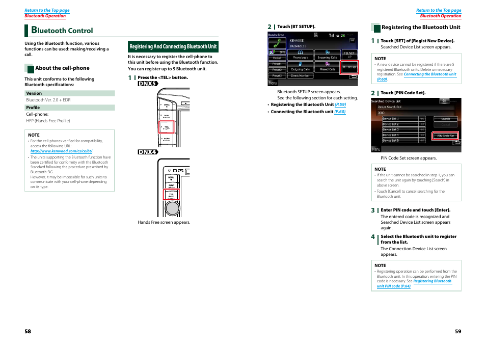 Bluetooth control, Registering and connecting bluetooth unit, Registering and connecting | Bluetooth unit, P.58), Luetooth control | Kenwood DNX521VBT User Manual | Page 30 / 56