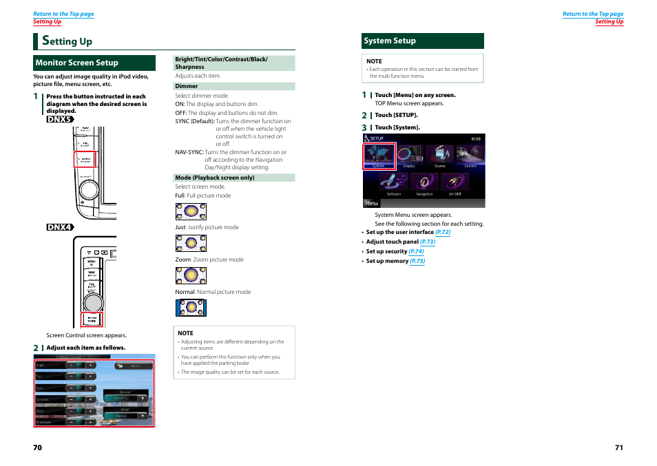 Setting up, Monitor screen setup, System setup | Monitor screen setup system setup, Setting up (p.70), Etting up | Kenwood DNX521VBT User Manual | Page 36 / 56