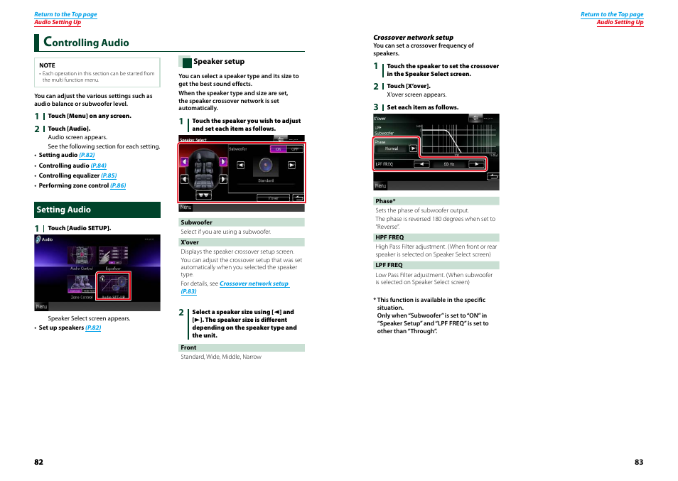 Controlling audio, Setting audio, Controlling audio (p.82) | Ontrolling audio | Kenwood DNX521VBT User Manual | Page 42 / 56