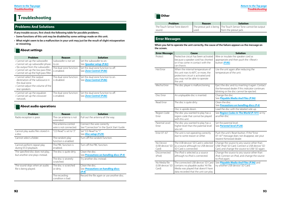 Troubleshooting, Problems and solutions, Error messages | Troubleshooting 92, Problems and solutions error messages, Roubleshooting | Kenwood DNX521VBT User Manual | Page 47 / 56