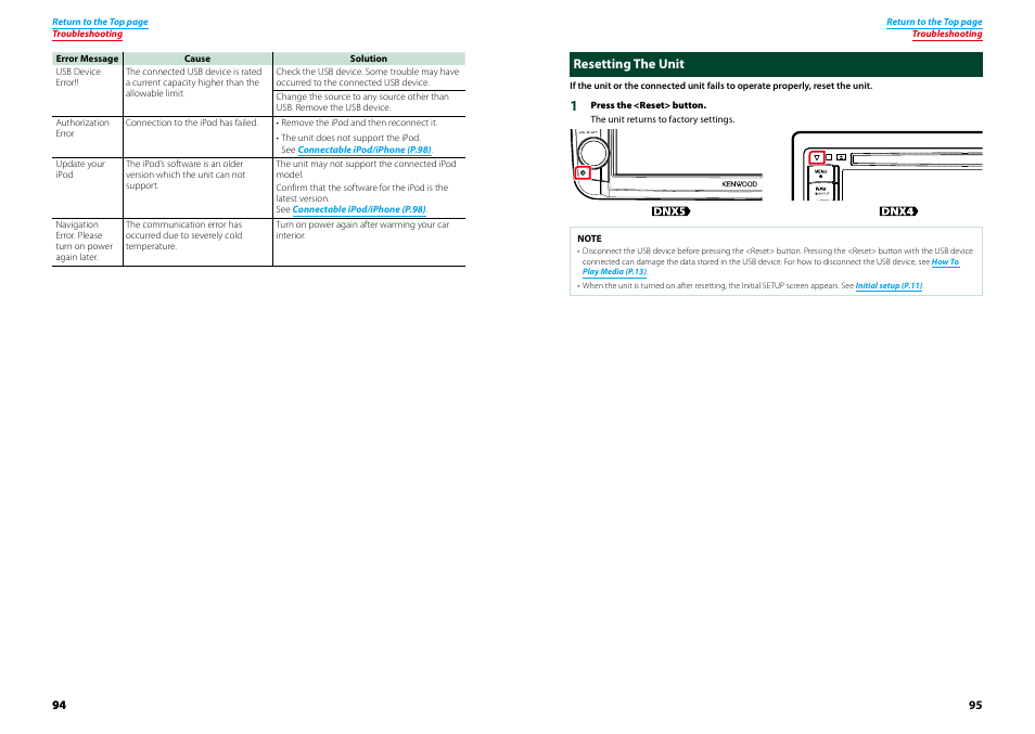 Resetting the unit, P.95) | Kenwood DNX521VBT User Manual | Page 48 / 56