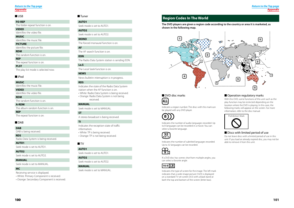 Region codes in the world, Region codes in the world (p.101) | Kenwood DNX521VBT User Manual | Page 51 / 56