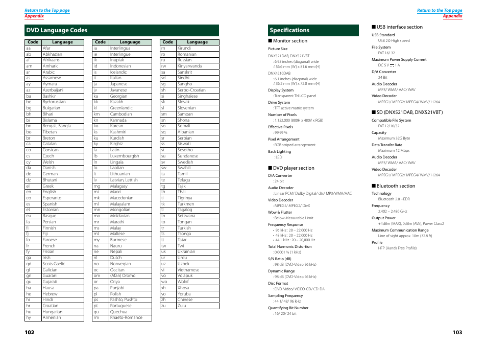 Dvd language codes, Specifications, Dvd language codes specifications | Kenwood DNX521VBT User Manual | Page 52 / 56