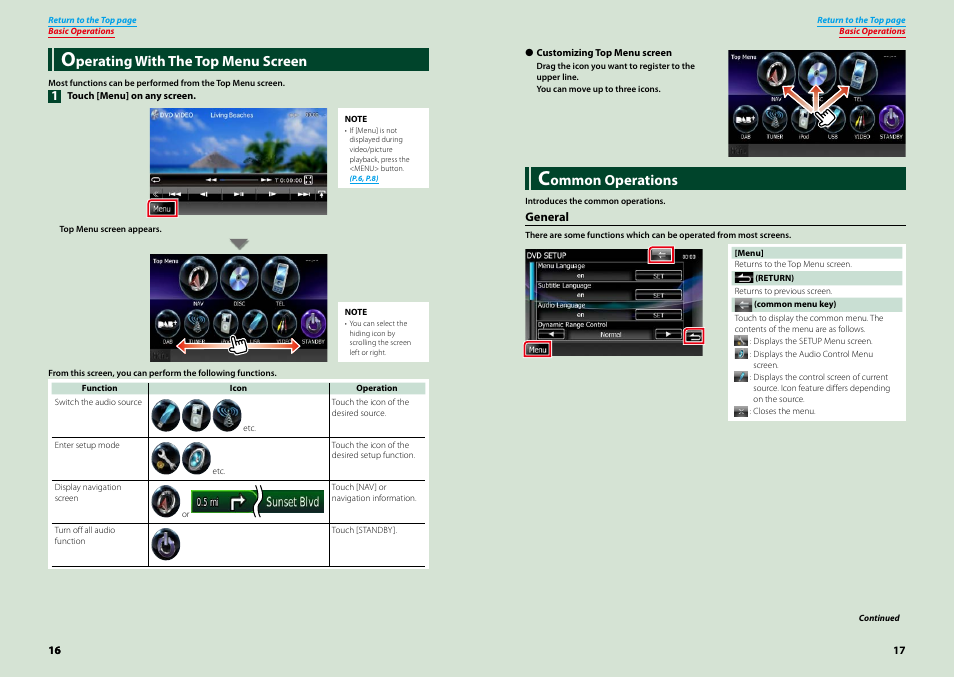 Operating with the top menu screen, Common operations, P.16) | Perating with the top menu screen, Ommon operations | Kenwood DNX521VBT User Manual | Page 9 / 56