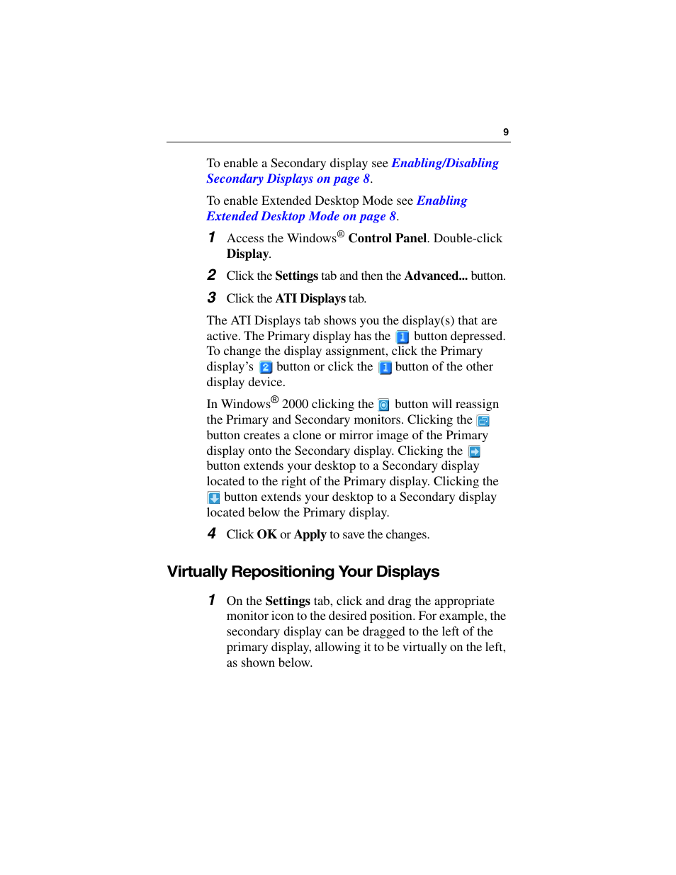 3 click the ati displays tab, 4 click ok or apply to save the changes, Virtually repositioning your displays | ATI Technologies RADEON 9500 SERIES User Manual | Page 13 / 37